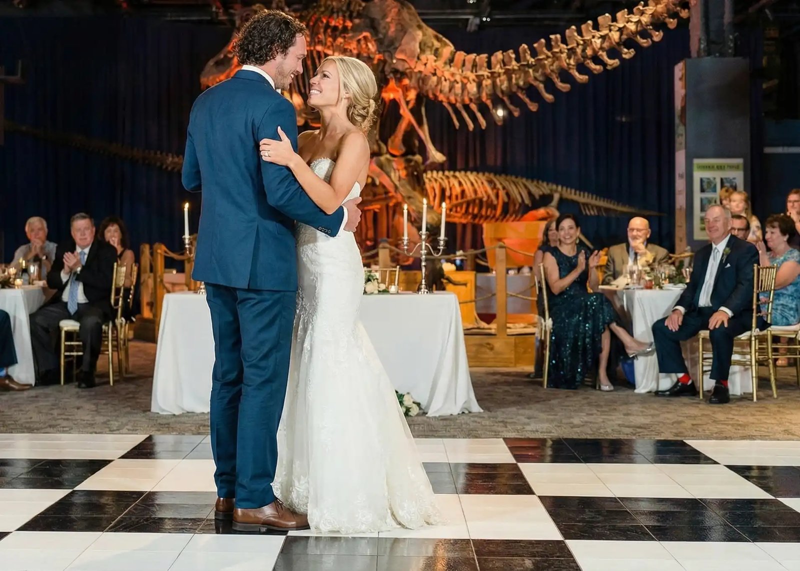 Solid black and white dance floor set up at a New Orleans wedding reception