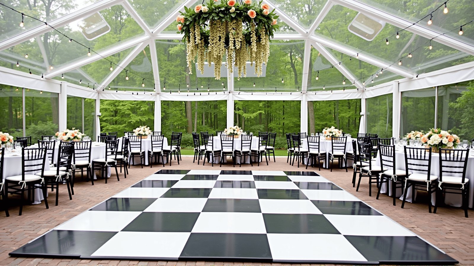 Black and white checkerboard dance floor rental set up for a New Orleans wedding reception