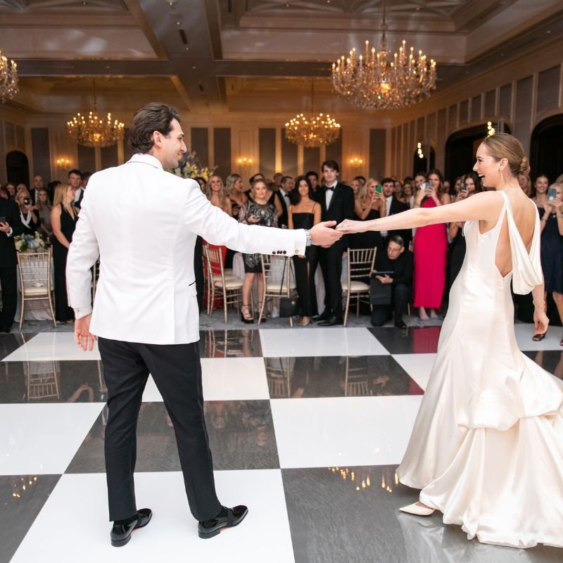 Checkerboard dance floor set up at a museum venue reception in New Orleans