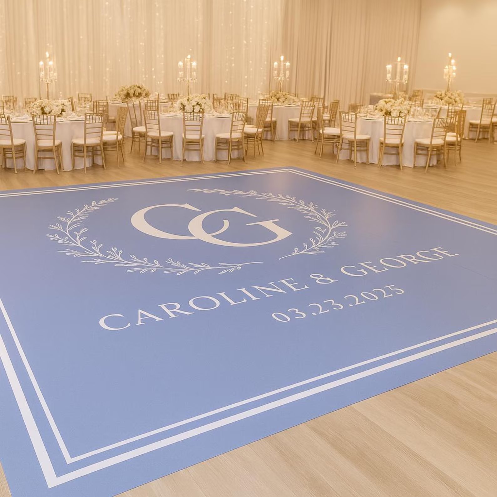 Custom printed vinyl dance floor design at a New Orleans wedding reception